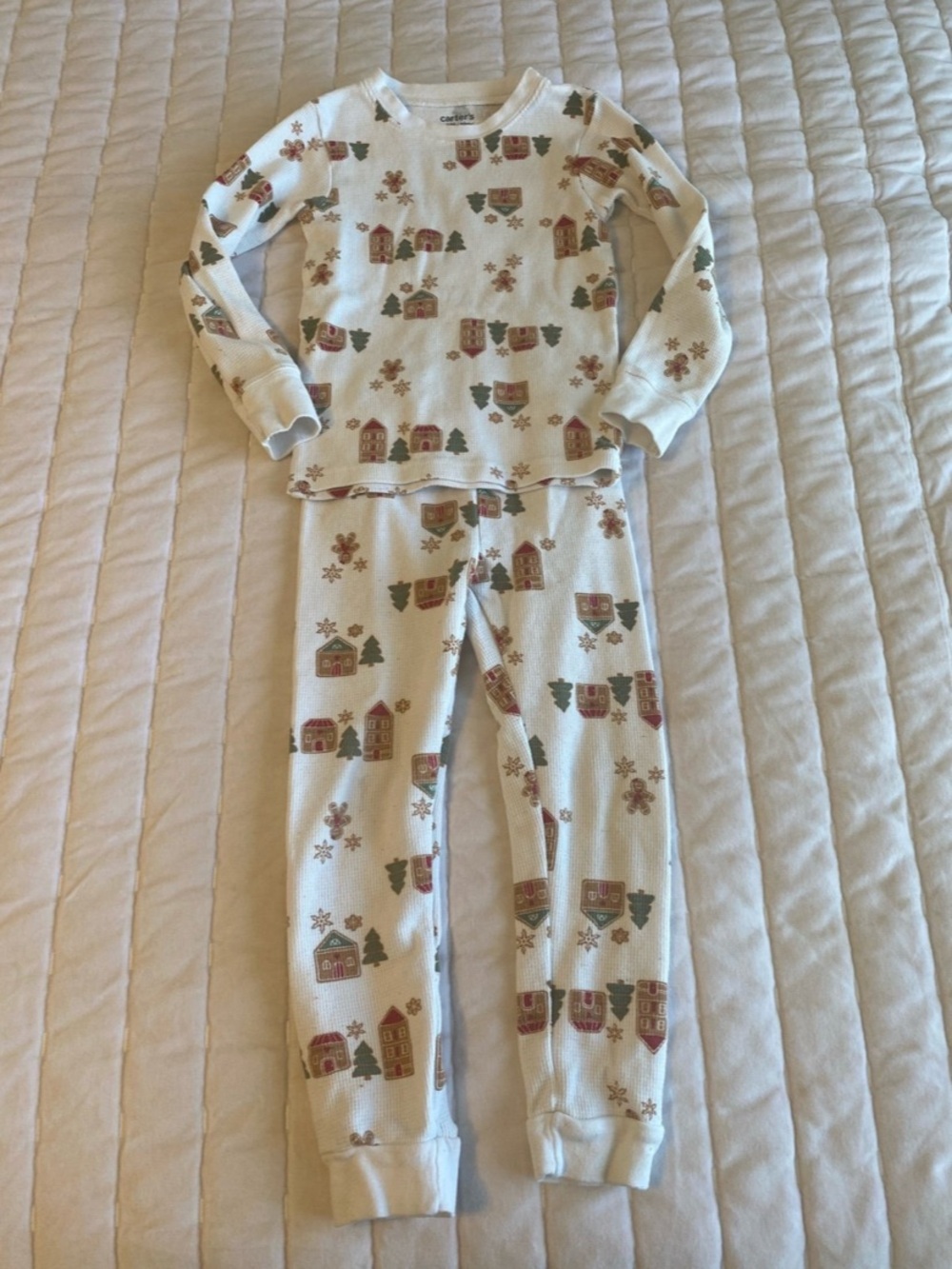 Carters Children's Holiday Thermal Pajama Set - Cream with Red & Green Print